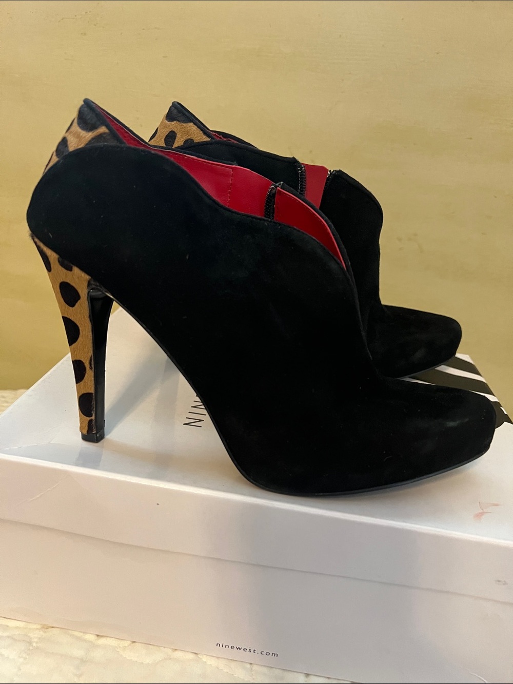 Nine West Flaux Suede High Heel Ankle Booties with Leopard Heel